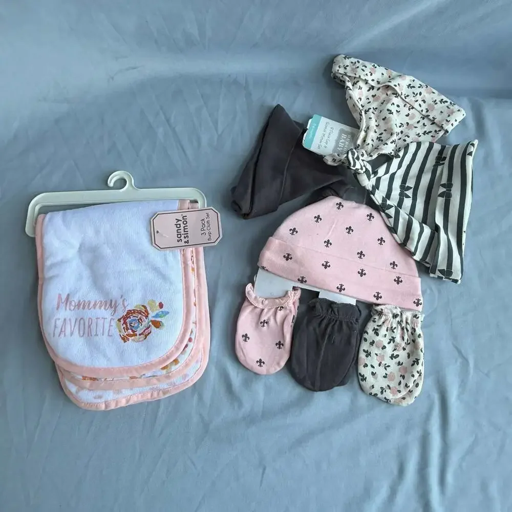 Sandy & Simon 3 Pack Burp Cloth Set and Hudson Baby 8 Piece Cap and Scratch Mitt